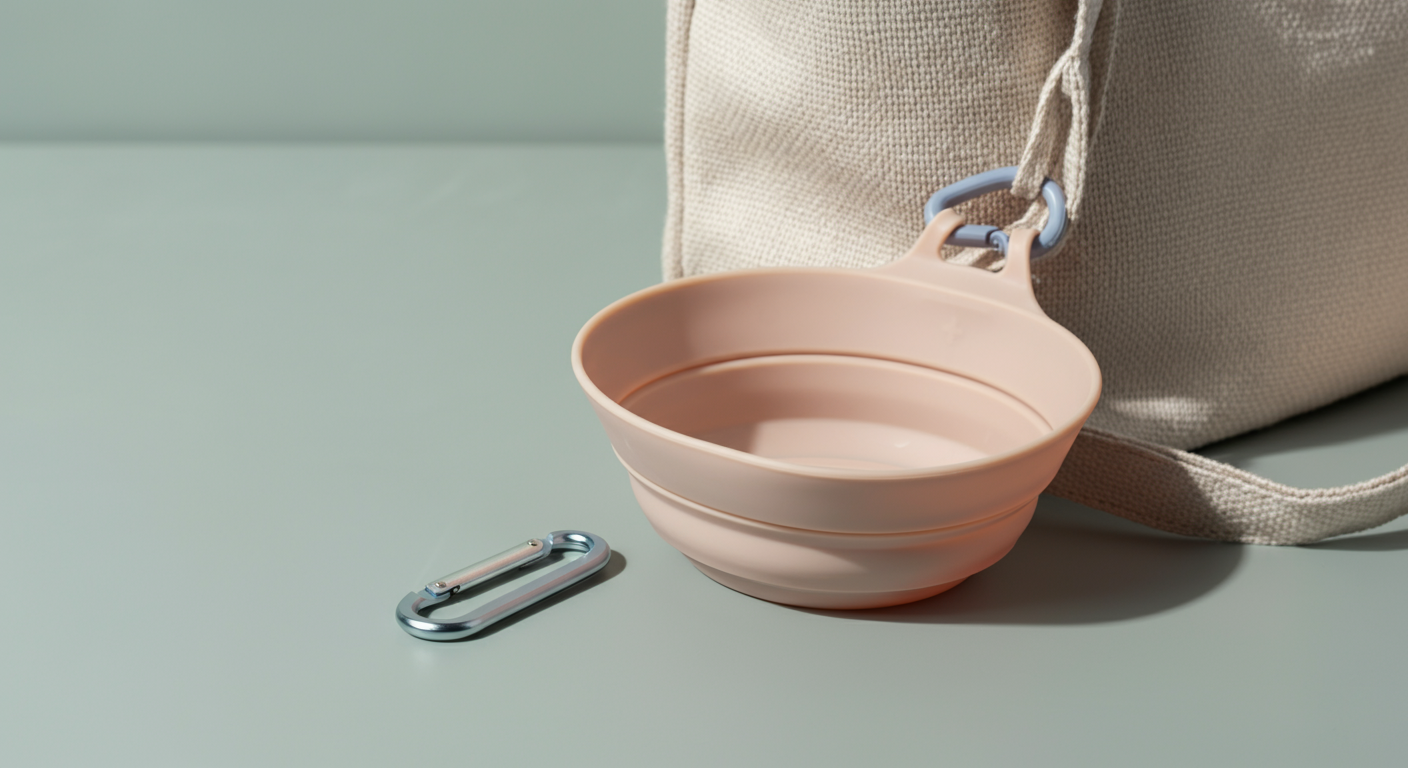 カラビナ付きの薄く折りたたまれたシリコンボウルがおしゃれなトートバッグの横に置かれている。携帯性の高さを強調した写真。