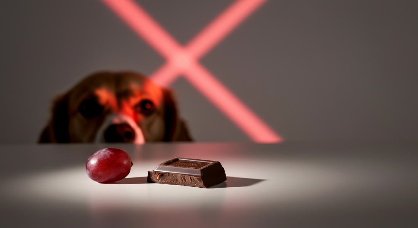 チョコレートとぶどうの上に赤いバツ印の光が当てられている、犬にとって危険な食材を警告するコンセプト写真。
