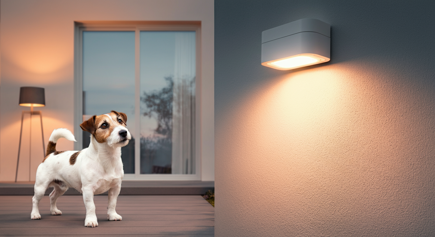 家の壁に取り付けられたモダンなセンサーライトを見上げる犬