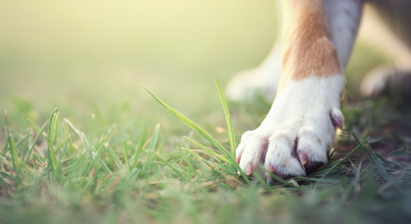 パステルカラーの背景に、犬の肉球が草にそっと触れているクローズアップ写真。