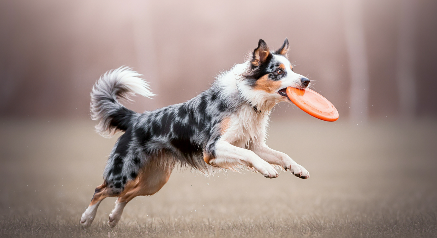 ドッグランでフリスビーを追いかけてジャンプする、動きのブレたボーダーコリー。犬の鼻先から飛び散る水滴にピントが合っている。犬の運動能力をイメージした写真。