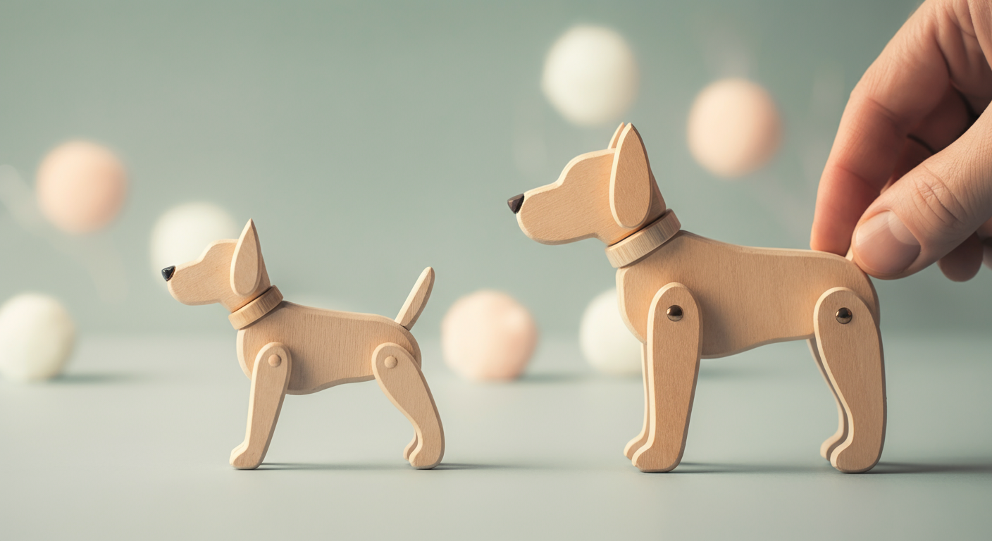 飼い主の手が、マウンティングをしようとする犬を模した木製フィギュアをそっと引き離している抽象的なイメージ。