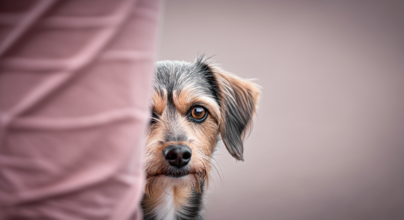臆病な犬が飼い主の足の後ろからそっと外の様子を伺っている。