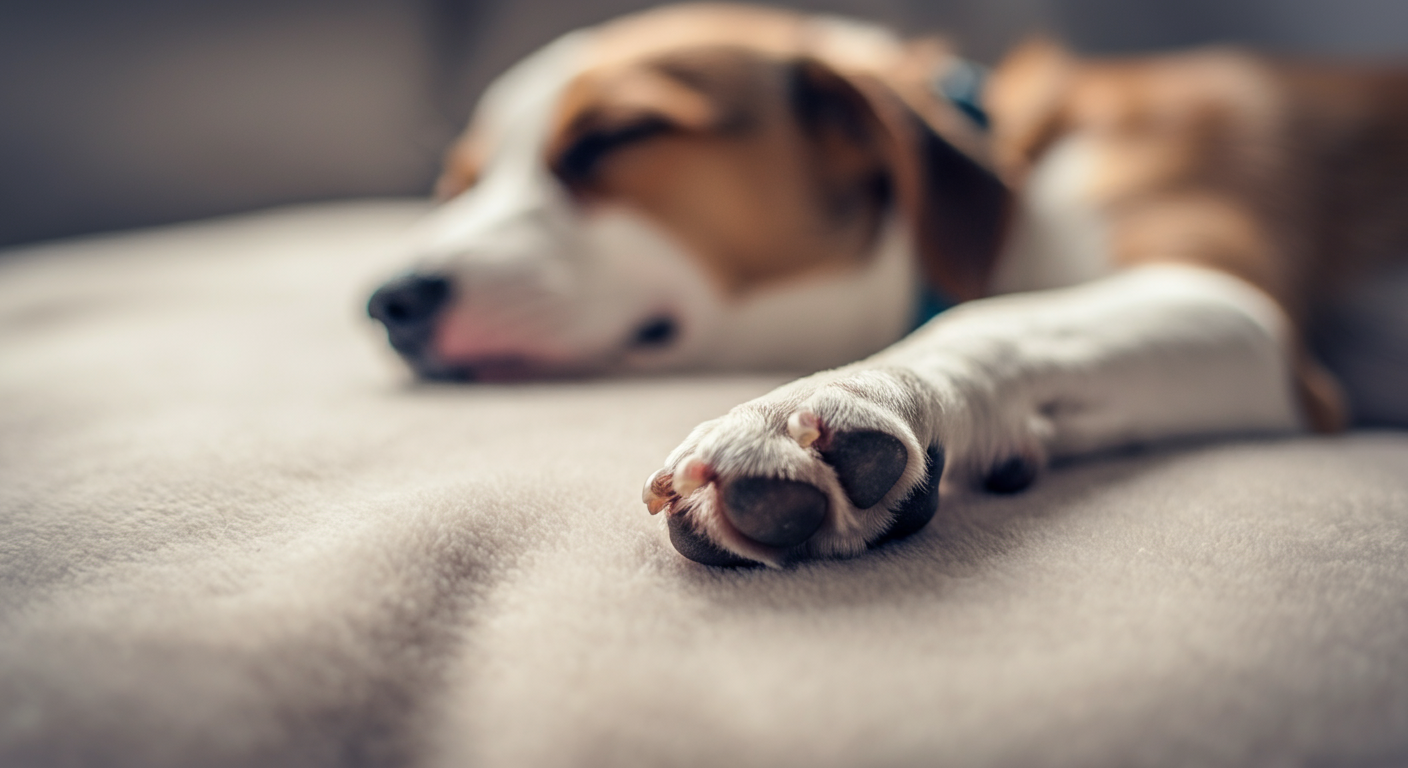 クリーム色のブランケットの上で、気持ちよさそうに眠っている犬の足先のクローズアップ写真。