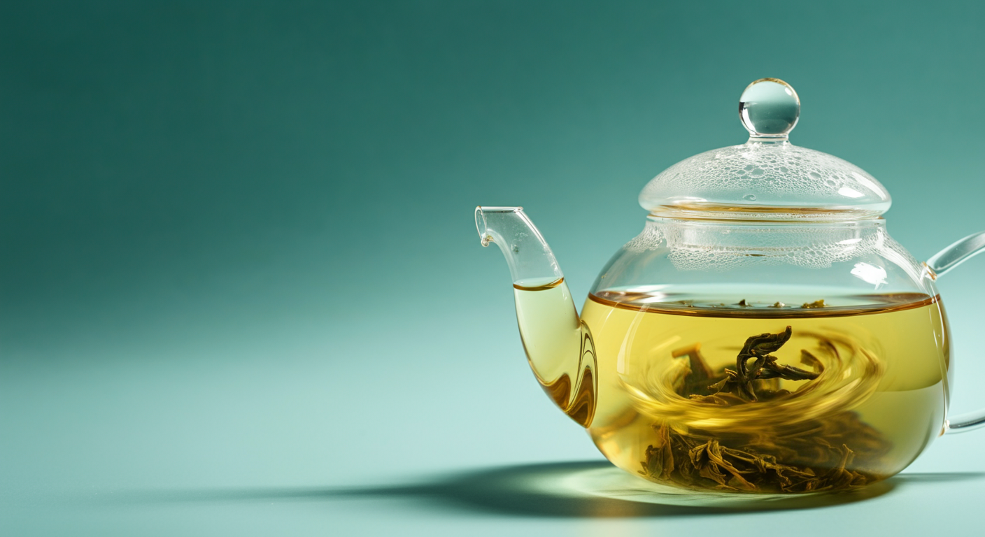 ガラスのティーポットの中で舞う、美しい緑茶の茶葉のマクロ写真。