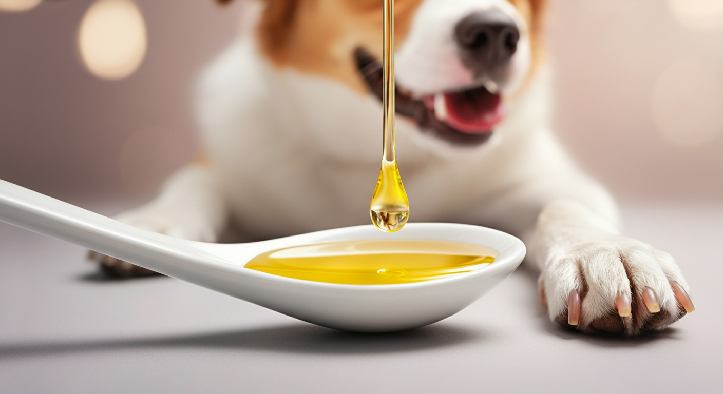 パステルカラーの背景に、スプーンに乗った一滴の黄金色のオイルと、そばに置かれた犬の足先。