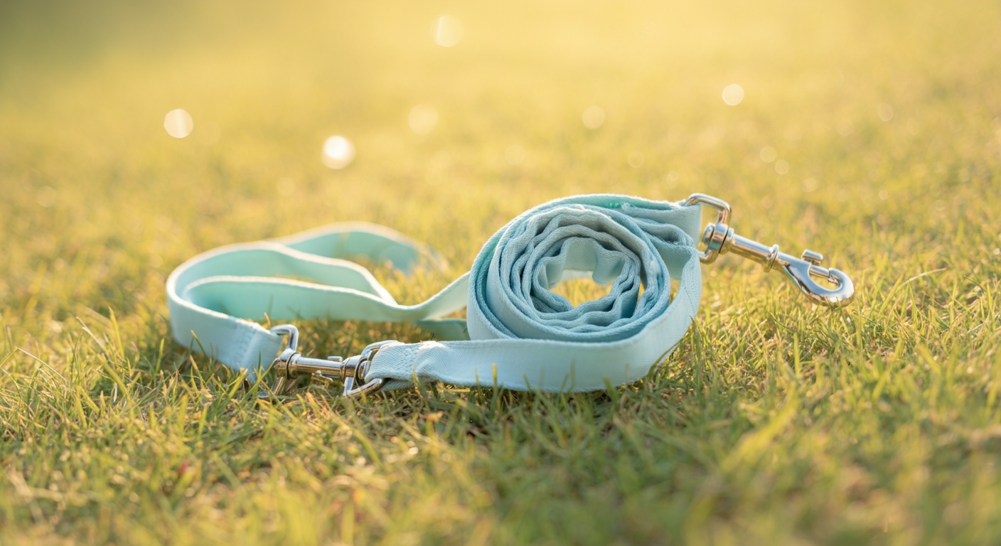 日の当たる芝生の上に、水色の長い布製リードが緩やかにまとめられている。