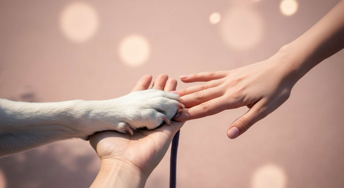 リードの影によって繋がれた人の手と犬の足元の抽象的なイメージ