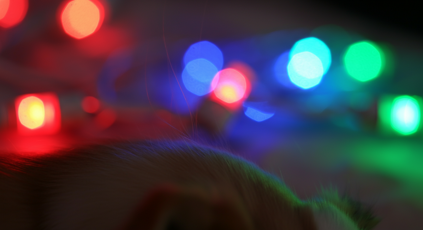赤、青、緑のLEDライトがぼけて背景となり、手前に犬の毛が一本写っている抽象的な写真