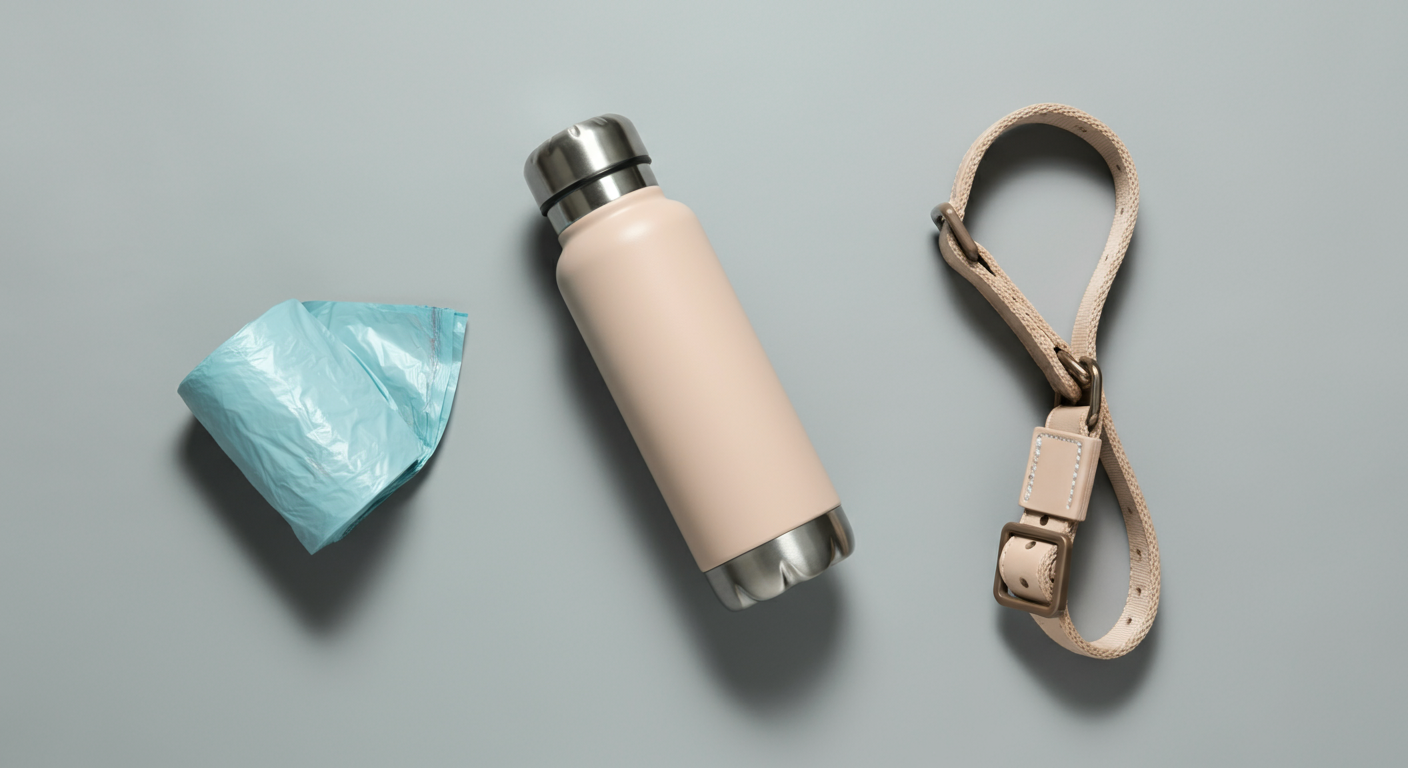 うんち袋、水筒、首輪がミニマルに配置されたフラットレイ写真。