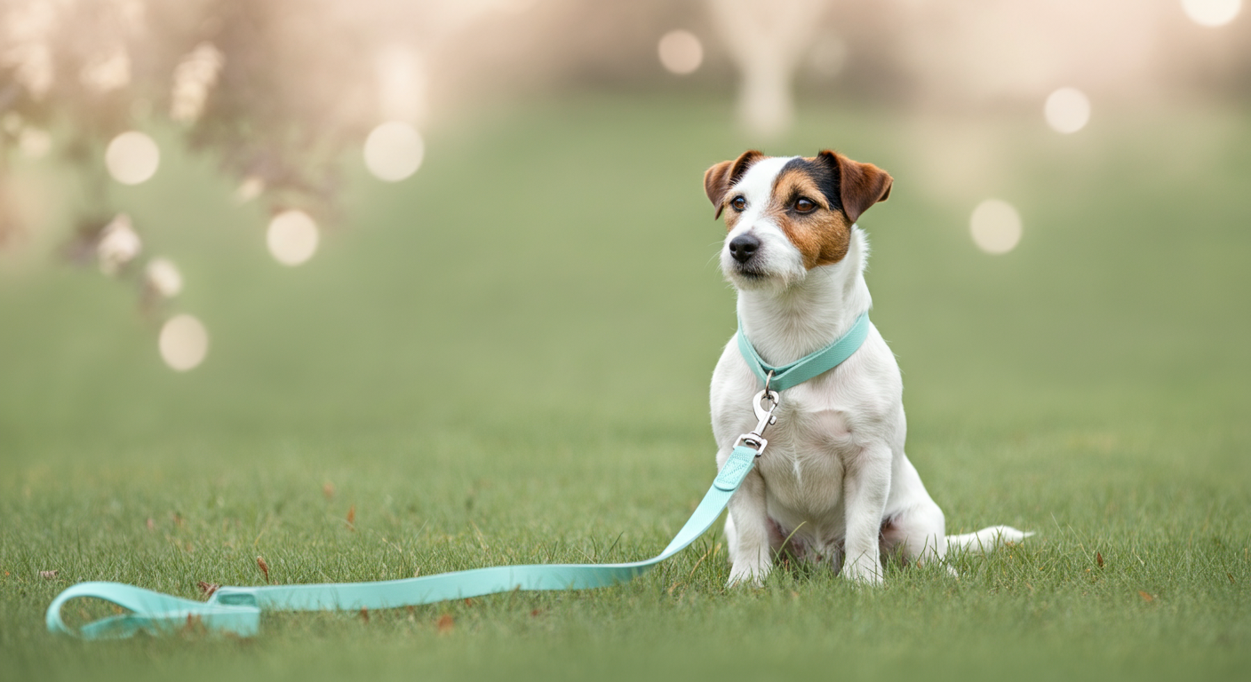 フレームアウトしている飼い主を集中して見つめる、一匹のジャックラッセルテリア。パステルグリーンのロングリードが芝生の上に緩やかに置かれ、2人の間の良好な関係を示している。