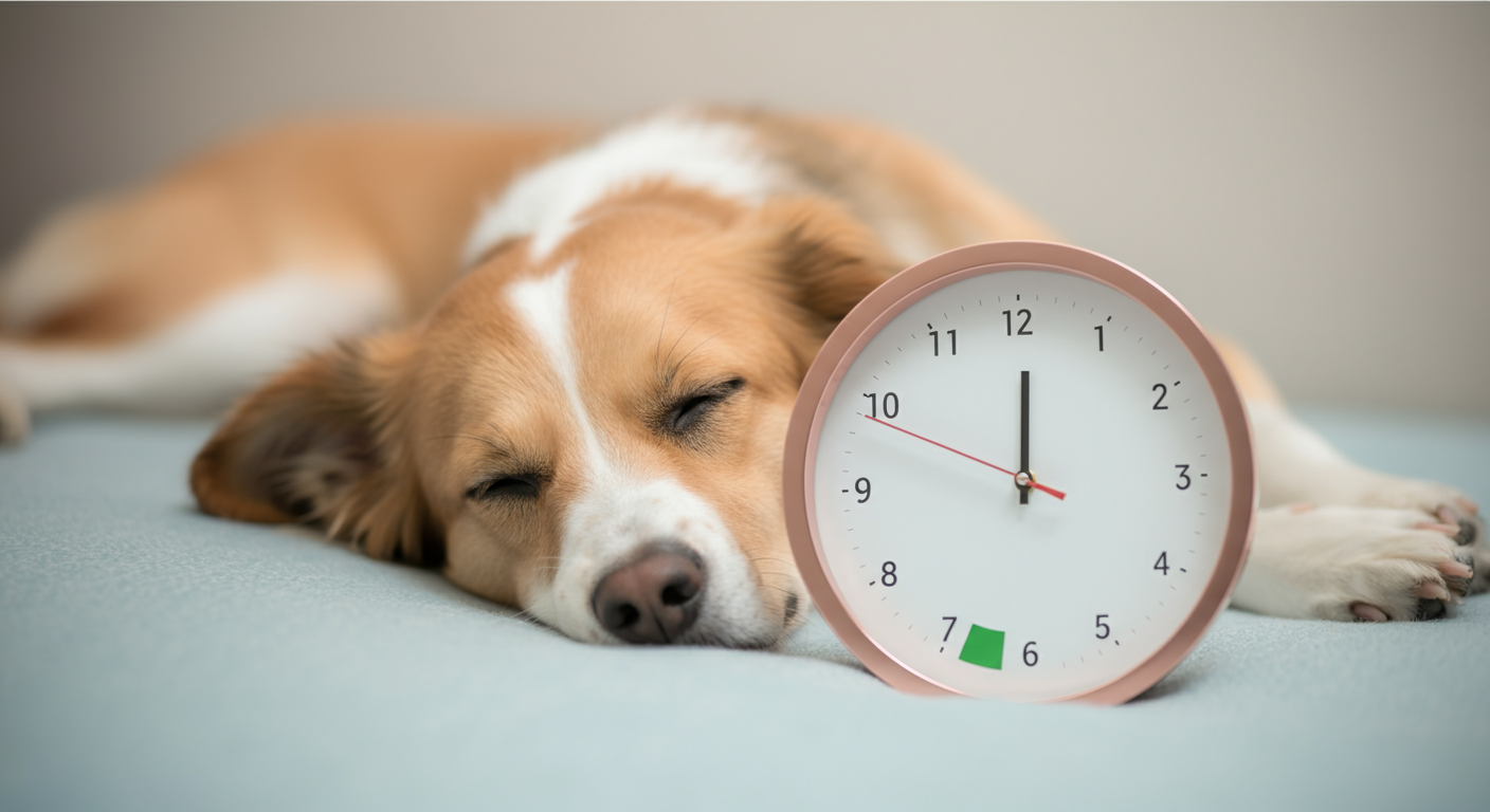 時計の文字盤と眠っている犬を対比させ、マナーウェアの着用時間を意識させる概念的な写真。