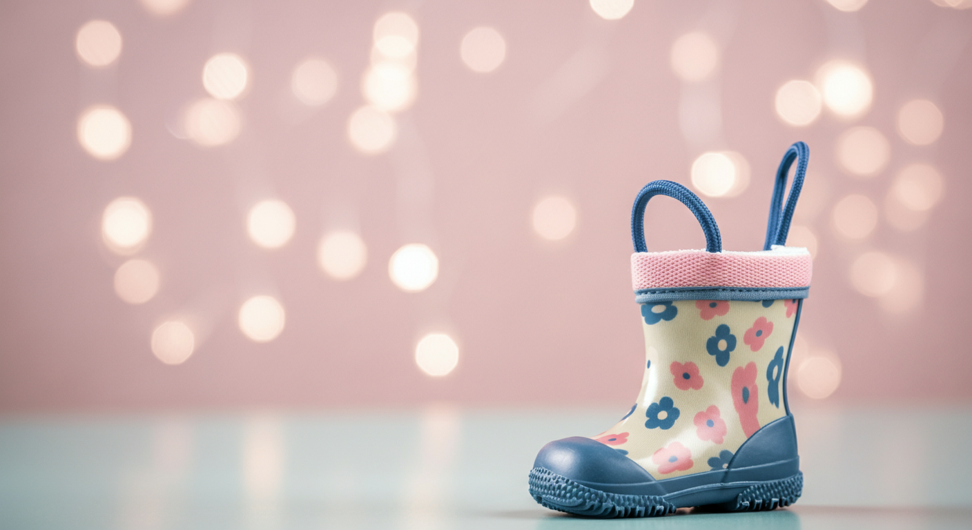 清潔な背景に、パステルカラーの犬用レインブーツが一つだけ置かれているミニマルな写真。