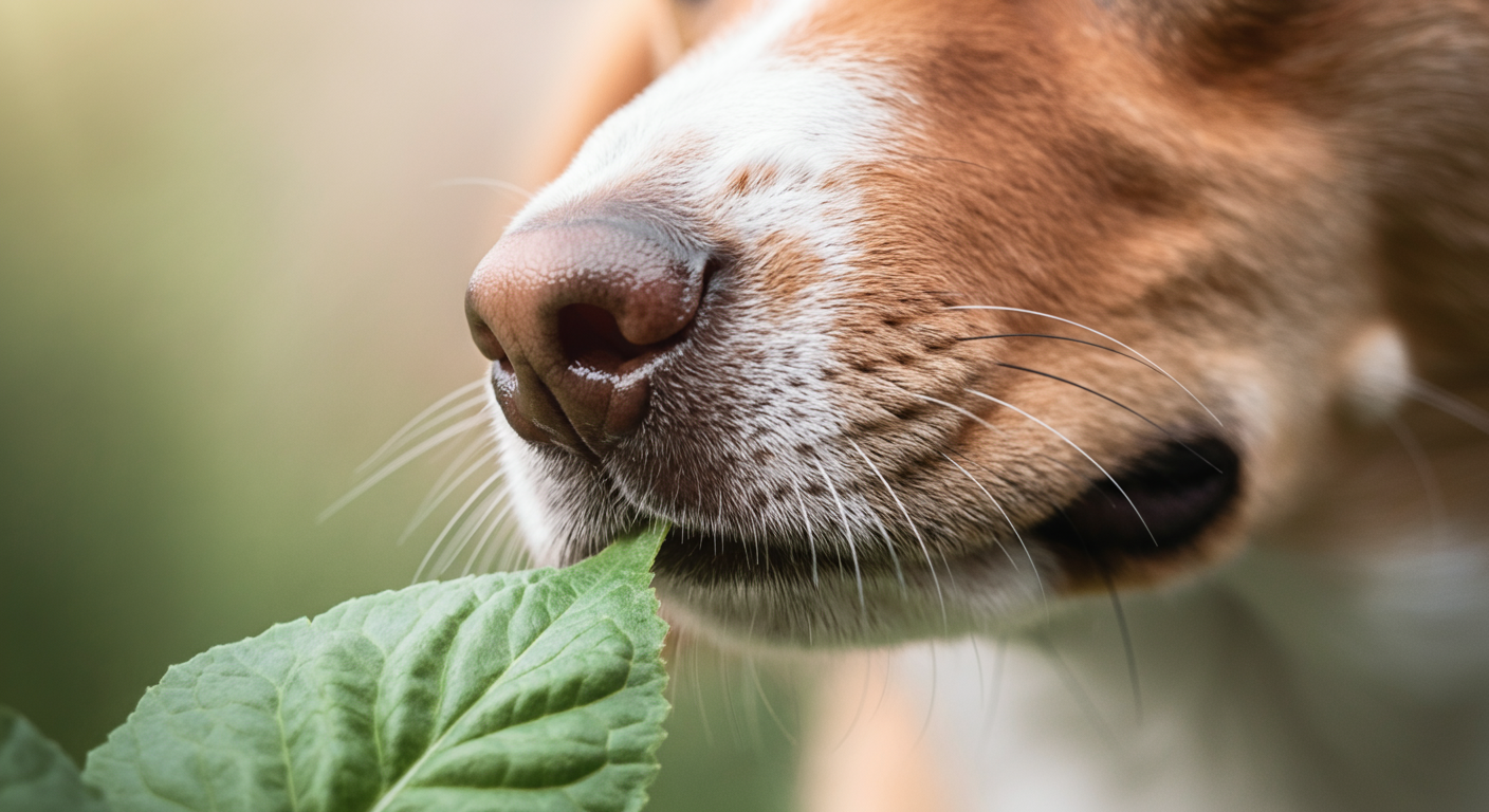 パステルカラーの背景で、犬の濡れた鼻が健康的な緑の葉の匂いを嗅いでいるマクロ写真。