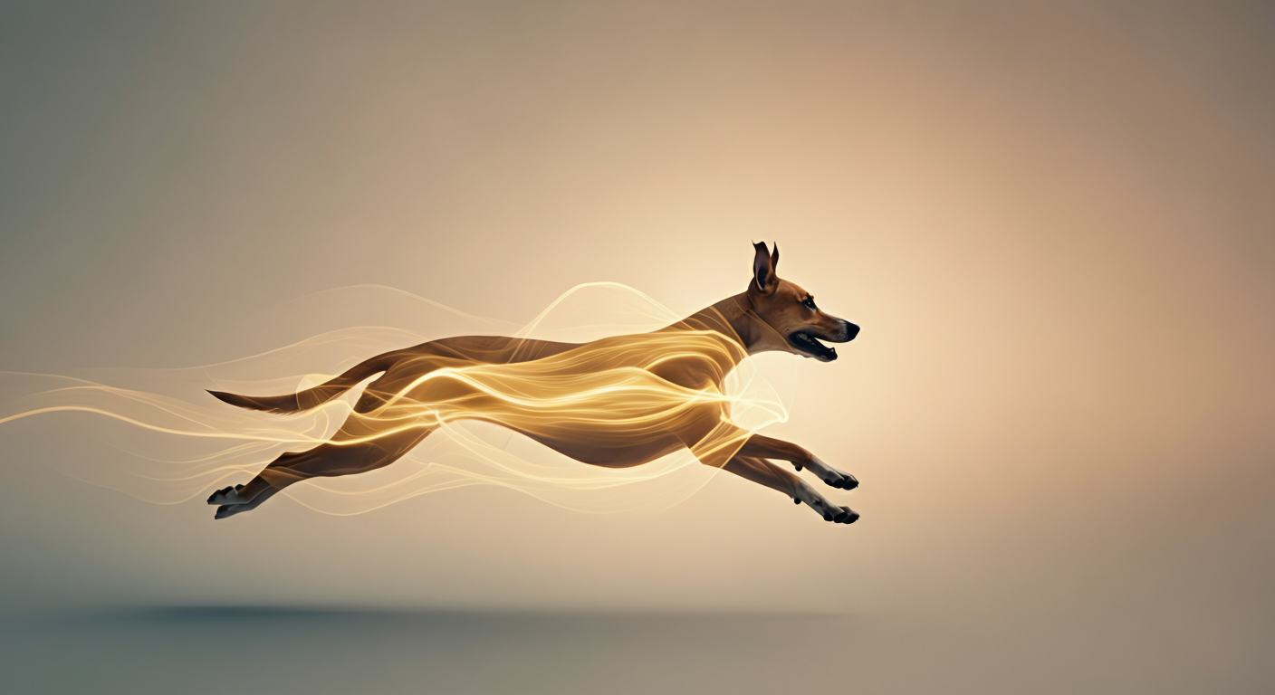 走る犬のシルエットの周りを光が流れる、高いエネルギー代謝を表現した抽象的な写真