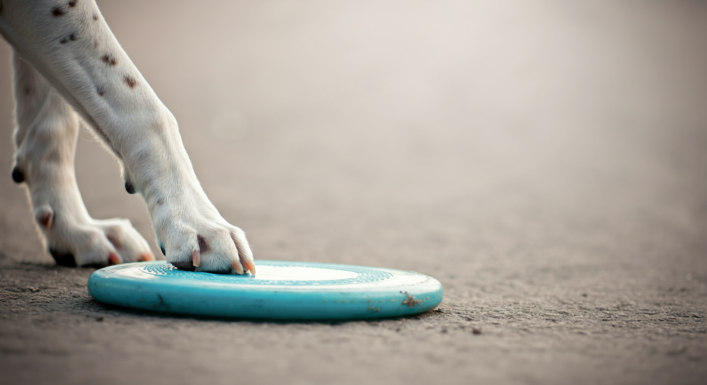 地面にあるフリスビーを、犬が前足でちょんと押さえている様子のローアングル写真。