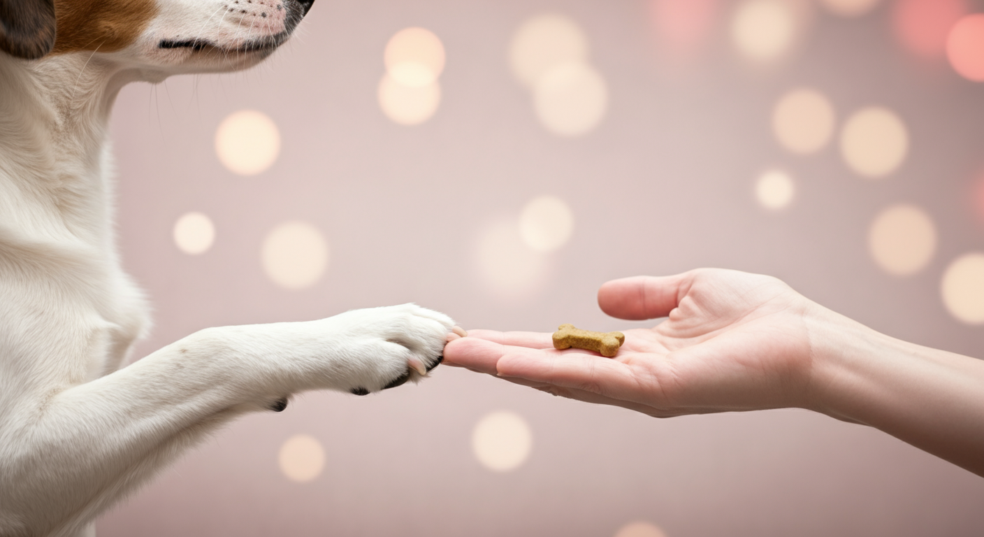 飼い主の手と犬の足の間に、ご褒美のおやつが置かれているポジティブな印象の写真。