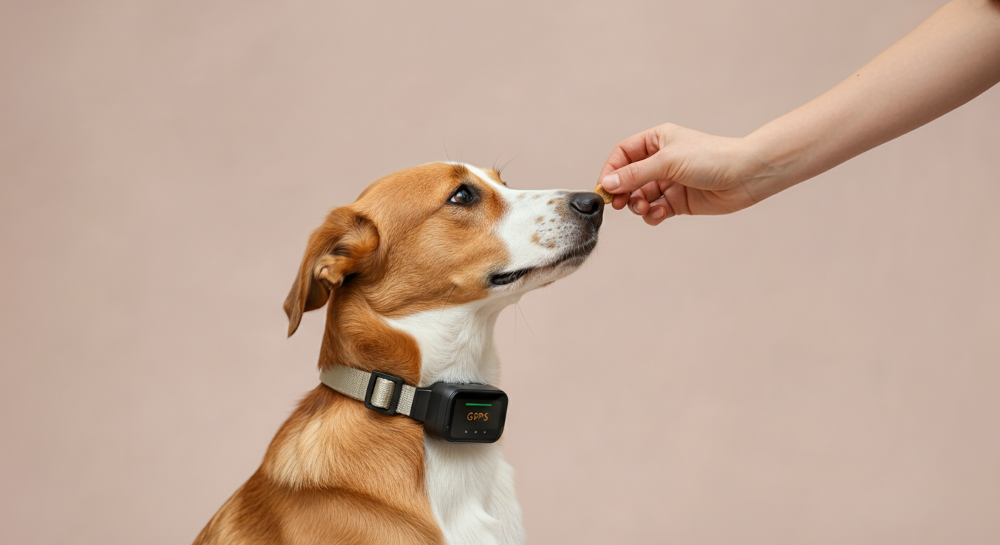 お座りして待っている犬にご褒美をあげる飼い主の手元を写した写真。犬の首輪にはGPSトラッカーが見える。