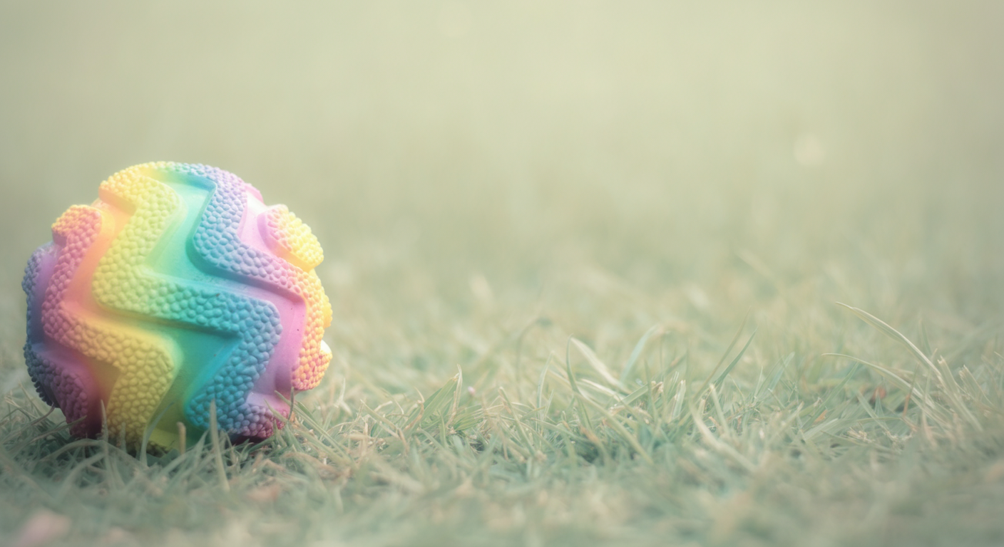 芝生の隅に一つだけ置かれた、カラフルな犬用のおもちゃのボール。