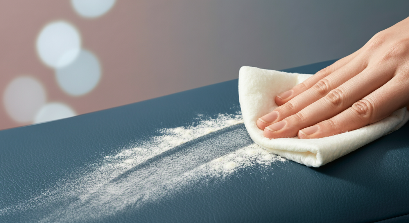 滑らかなPUレザー製のシートカバーの上に振りかけられた小麦粉を、手が拭き取り、きれいな筋ができている様子。掃除の簡単さを示している。