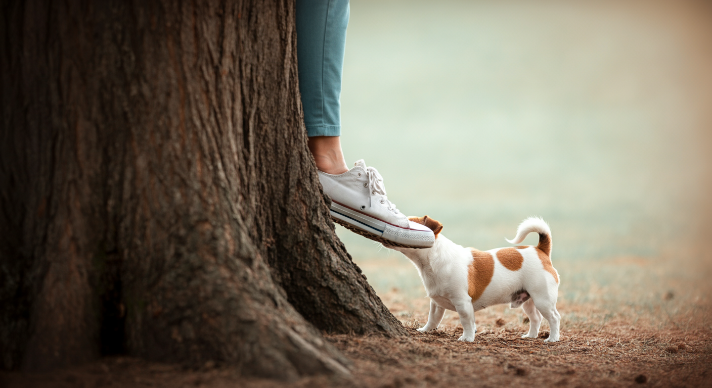 木の陰から飼い主を見つけて喜んでいる犬の尻尾が写っている、かくれんぼゲームを模した写真。