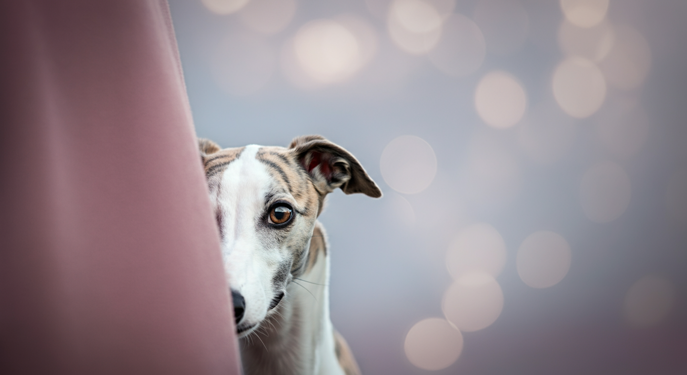 飼い主の後ろに隠れる臆病な中型犬