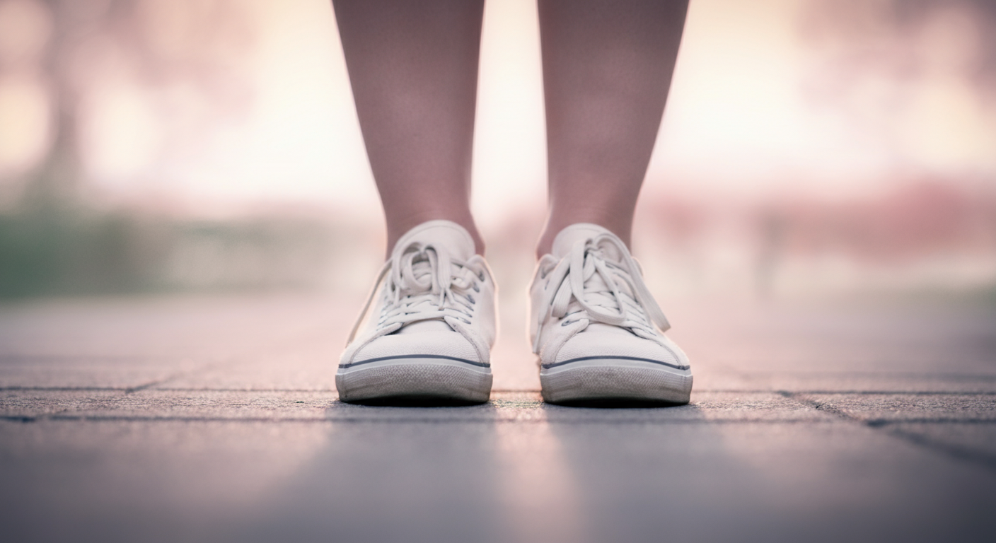 地面にしっかりと立つ飼い主の足元を写した写真。パニックにならず、冷静にその場に留まることの重要性を示している。