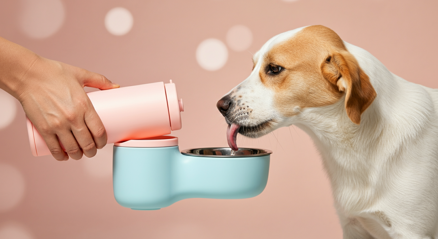 飼い主が片手で一体型ボトルを持ち、犬に水を飲ませている手元