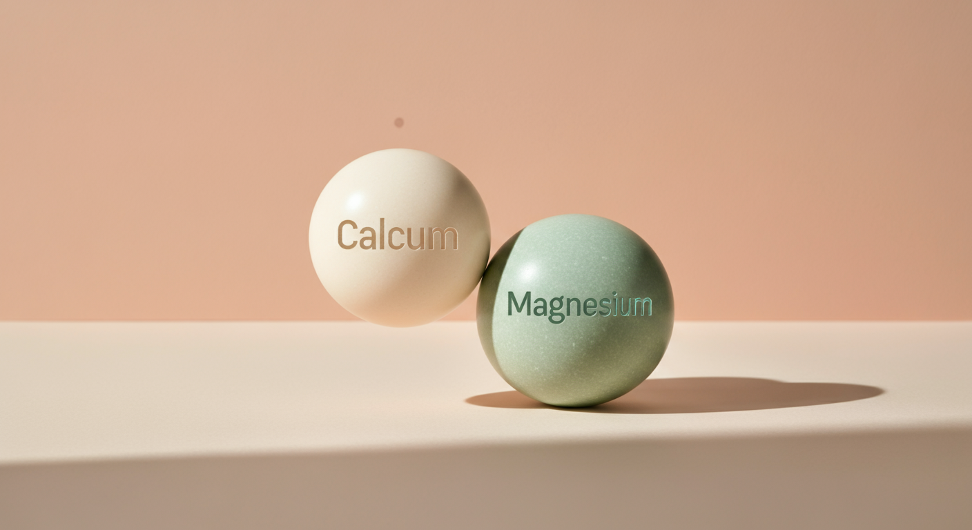 クリーム色とセージグリーンの石のようなオブジェが組み合わさった抽象的な静物写真。ミネラルのバランスを象徴している。