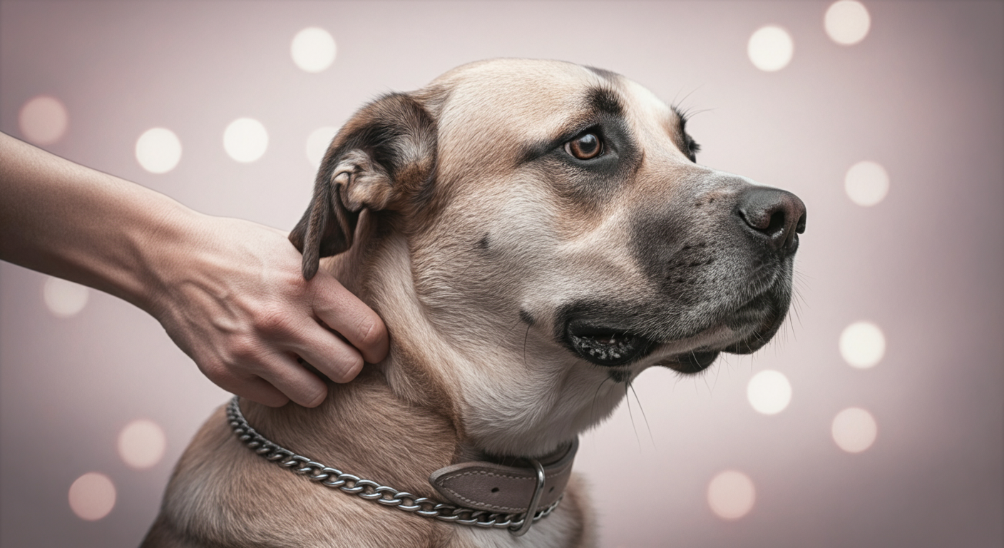 大型犬の首輪を、人間の手が優しくもしっかりと掴んでいるクローズアップ写真。