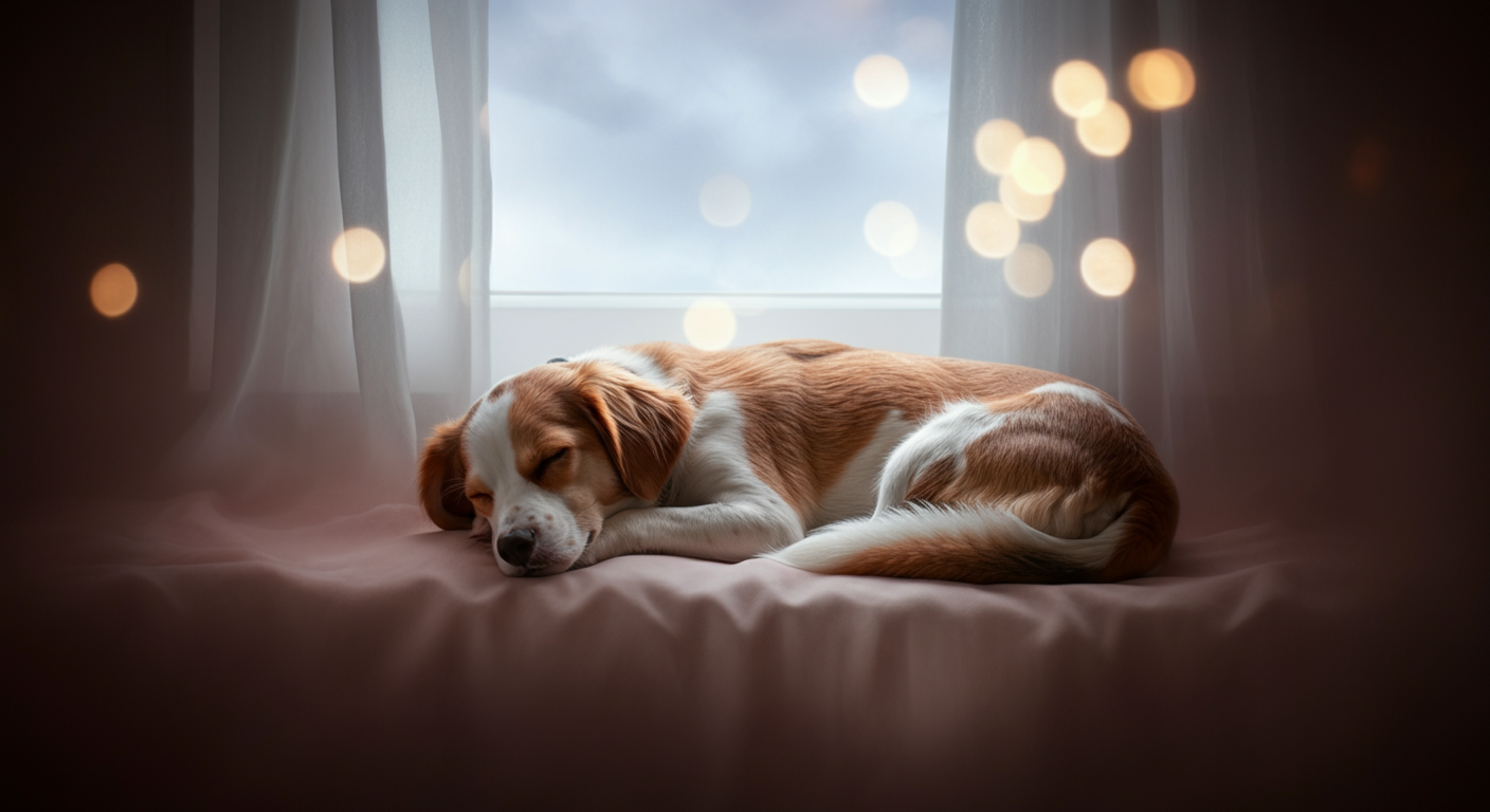 月明かりが差し込む窓辺で、静かに丸まって眠っている犬のシルエット写真。