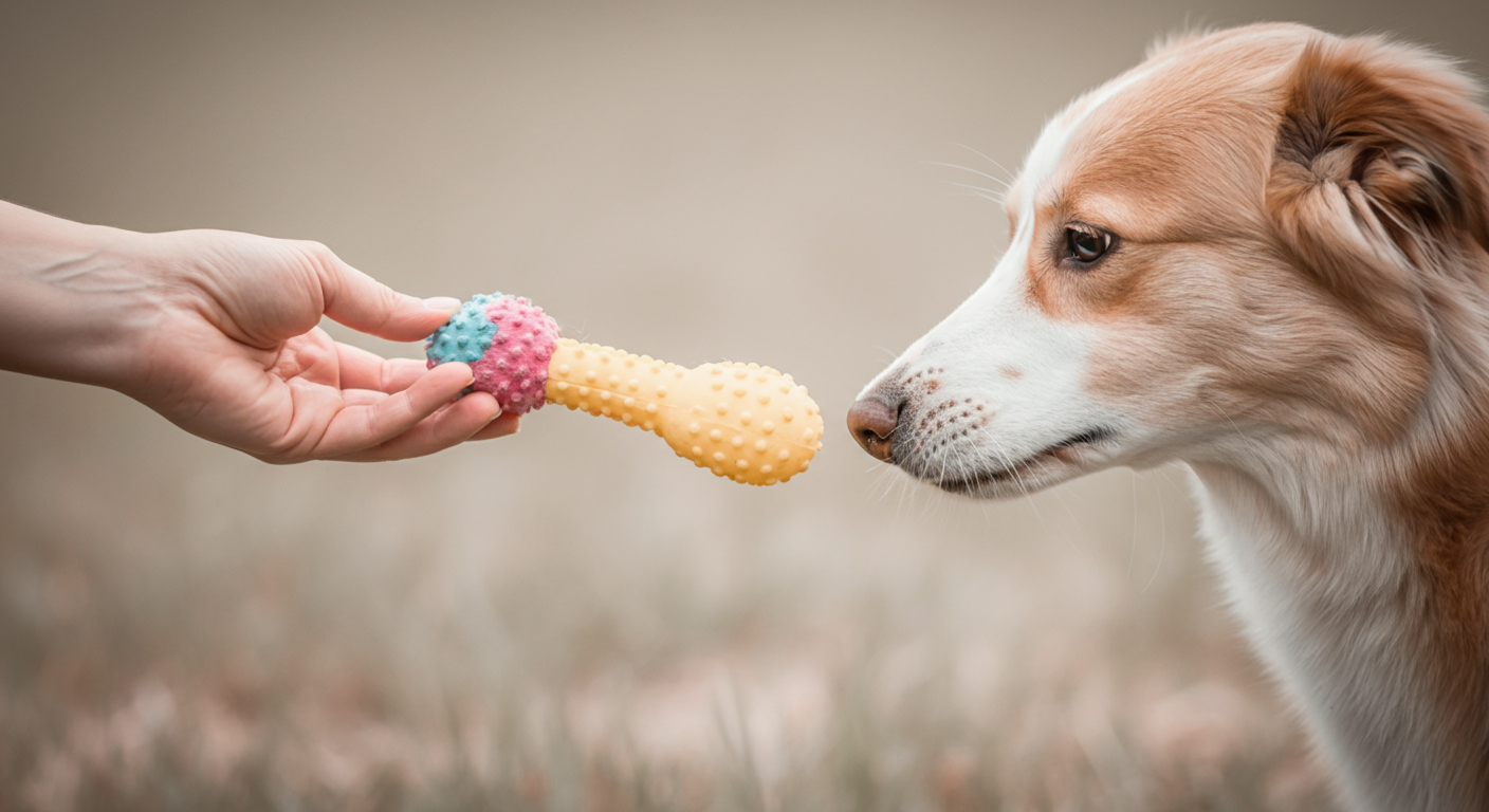 飼い主の手がカラフルなおもちゃを一匹の犬に差し出している。犬は興味深そうに鼻を近づけている。