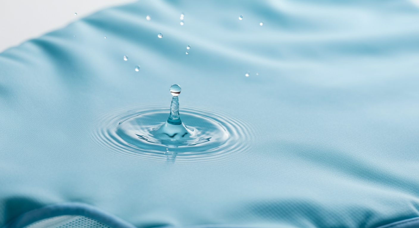 犬用クールウェアの生地に水滴が落ちる瞬間のマクロ写真。