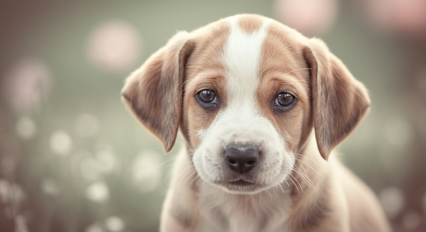 子犬の表情豊かな片目と、少し垂れた耳に焦点を当てたクローズアップ写真。