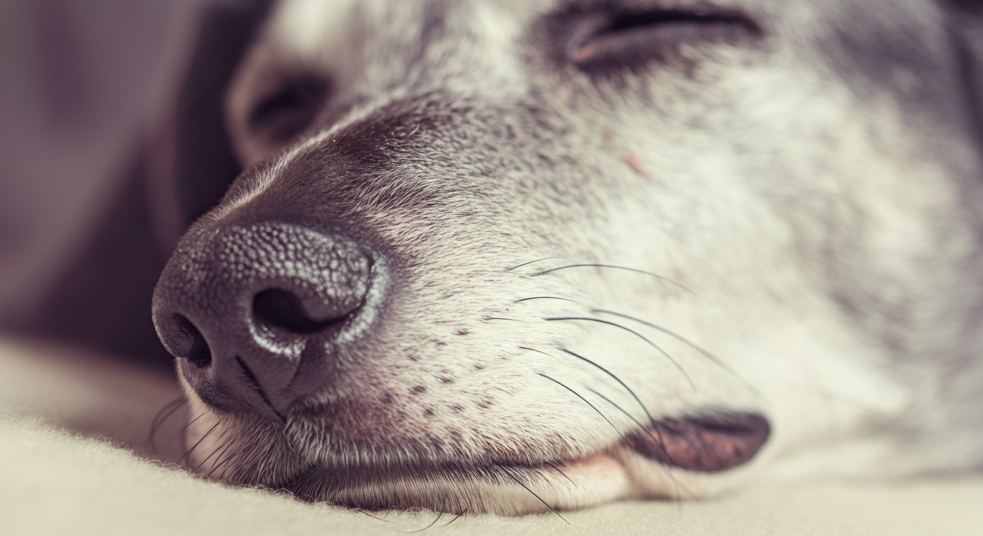 眠っているシニア犬の白くなった鼻先の、非常にクローズアップされた写真。