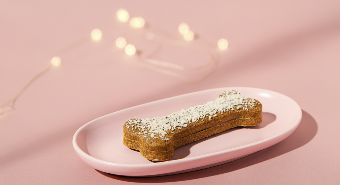 パステルピンクの皿の上に置かれた、白い粉が振りかけられた犬用おやつのマクロ撮影。