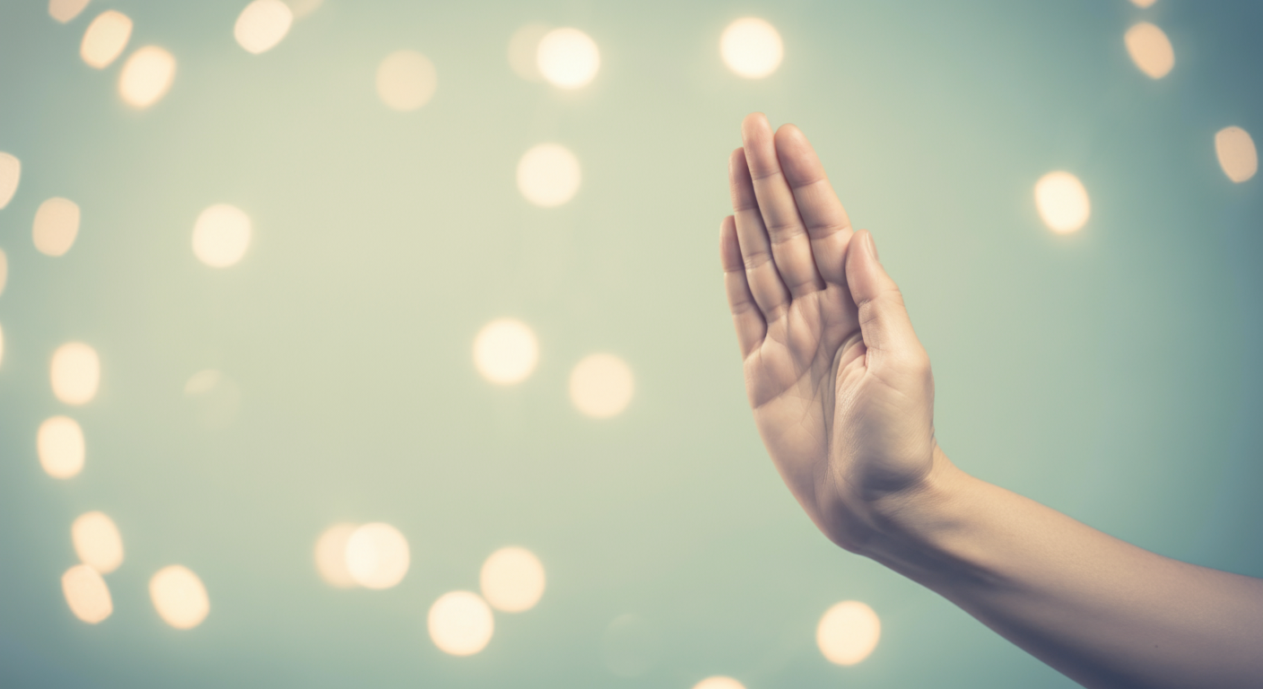 人が手のひらを開いて、優しく「待って」のジェスチャーをしている。敬意と配慮を表す抽象的なイメージ。