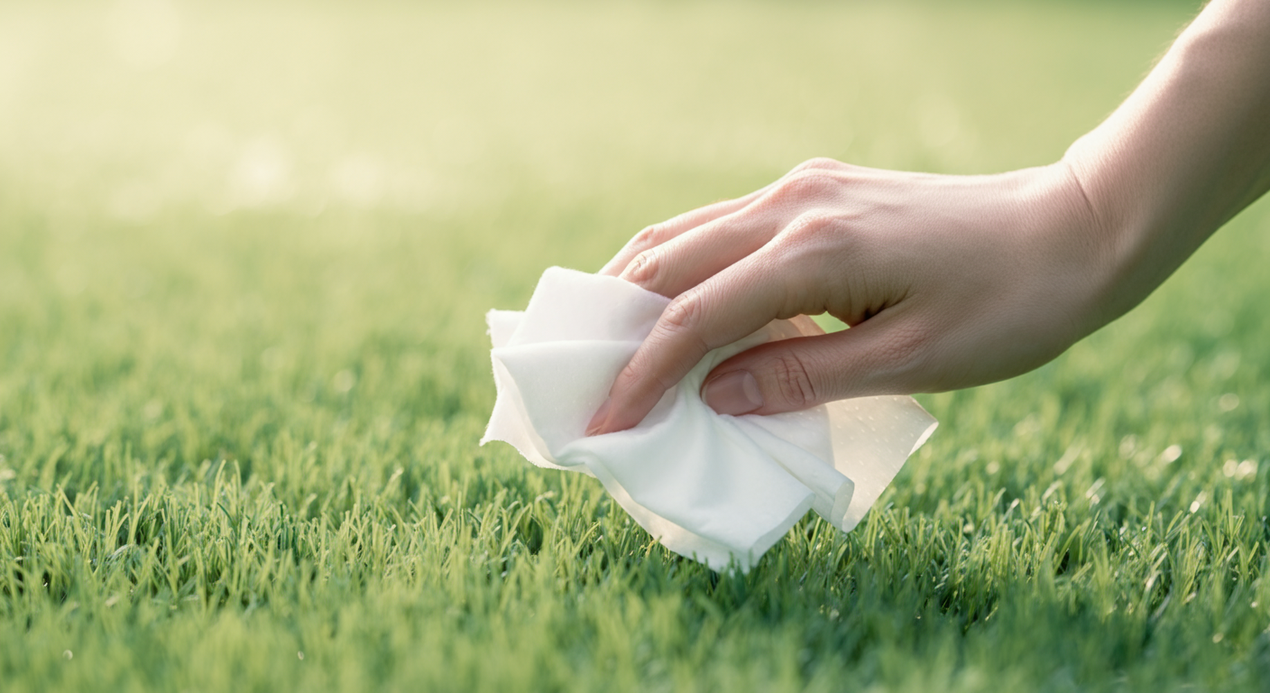 緑の芝生の上で、飼い主がウェットティッシュを持っている抽象的な写真。