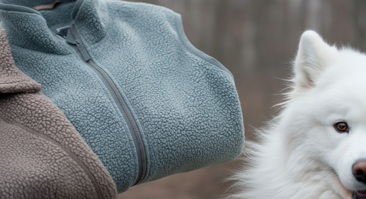 保温インナー、フリース、ジャケットの3層の生地が重なっている様子のクローズアップ。