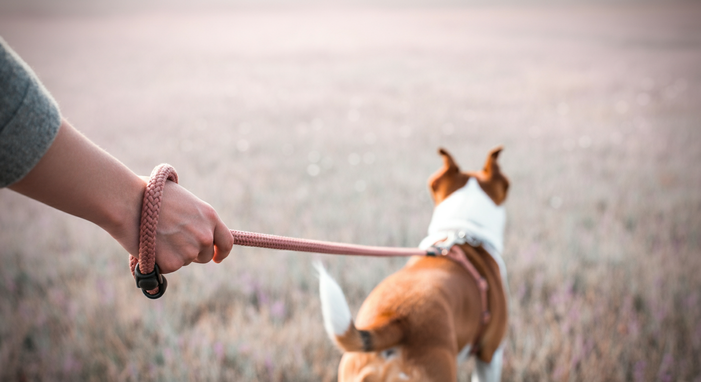 共に歩む旅を表現する、飼い主が犬のリードをゆるく持って一緒に歩いている写真。