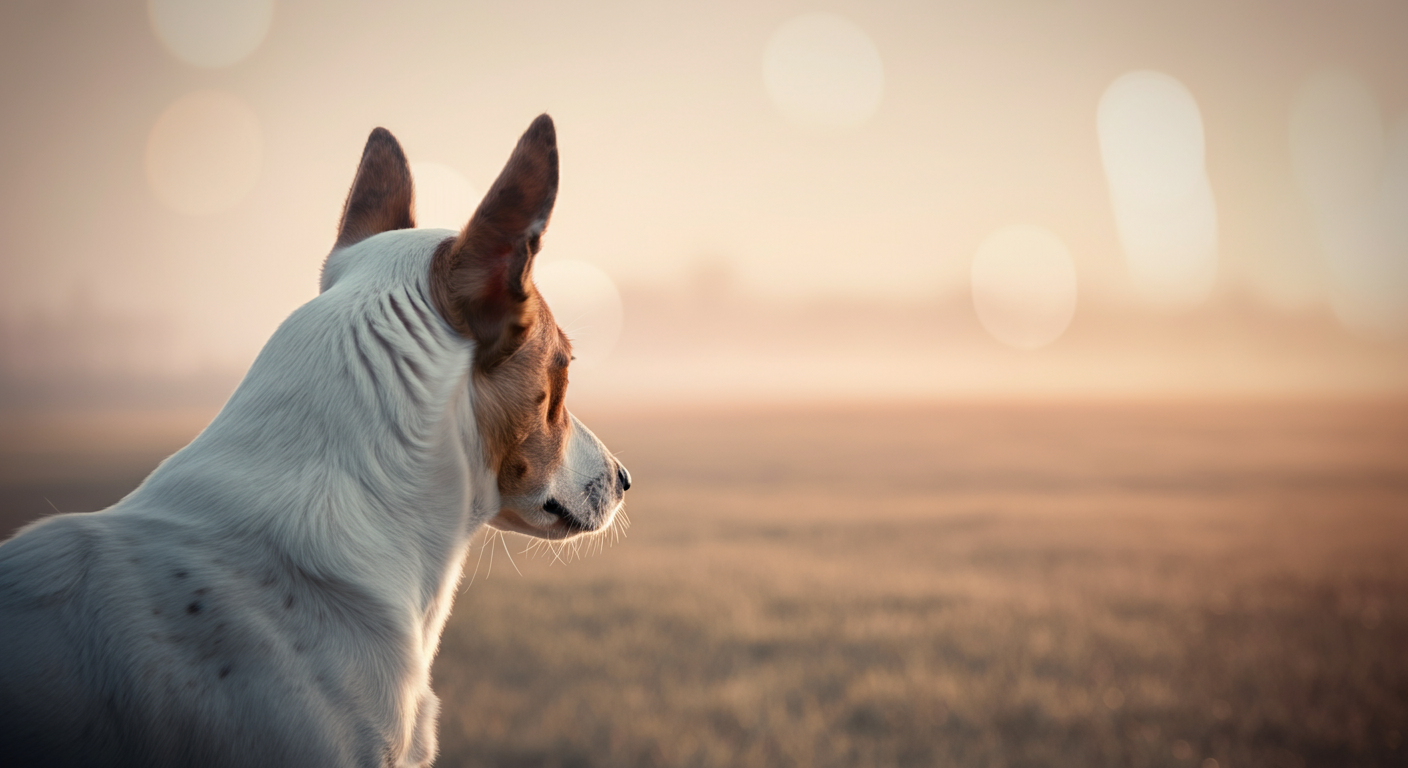 広大なドッグランを静かに見渡している一匹の犬のシルエット。観察の重要性を示唆している。
