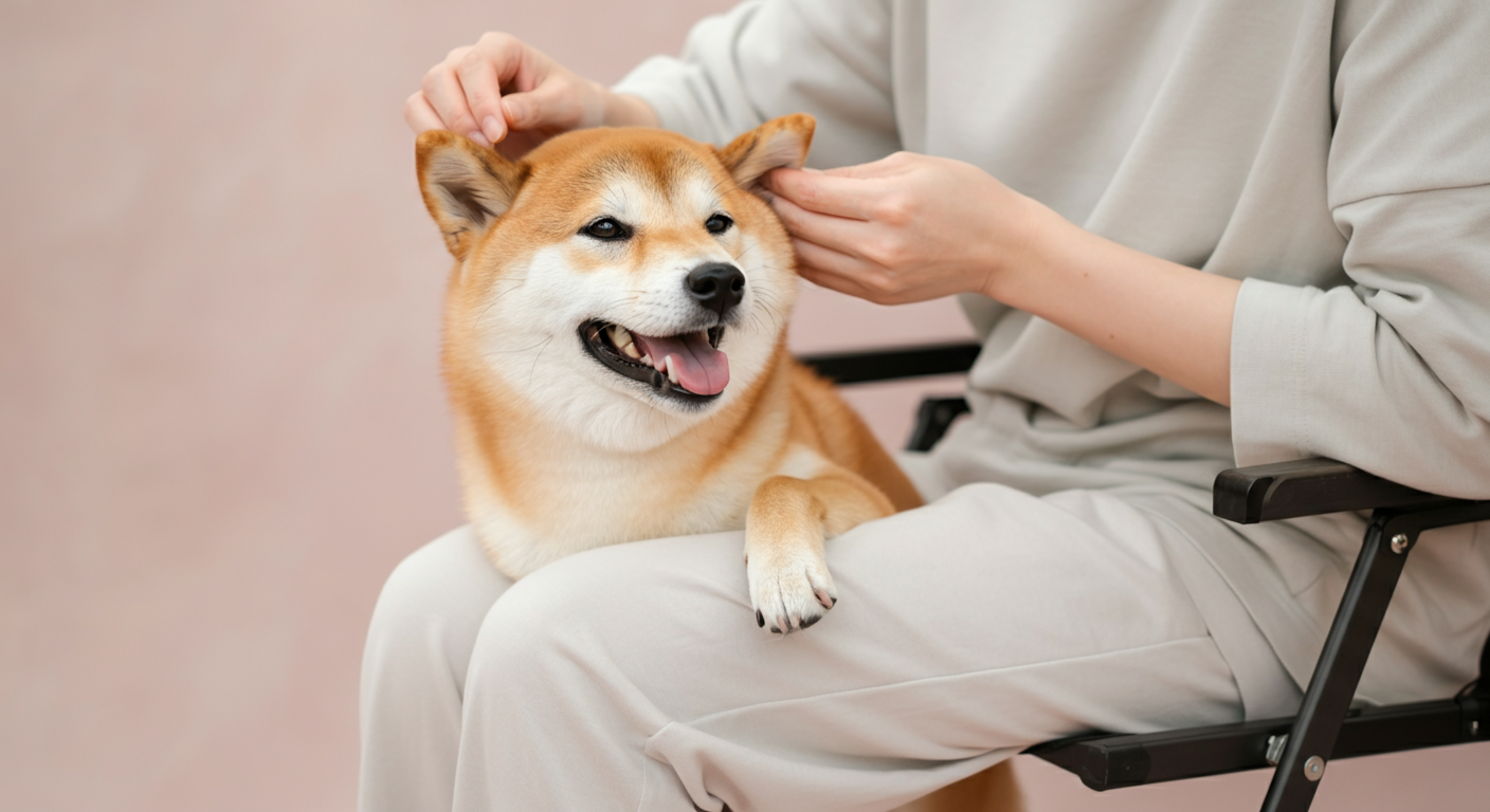 椅子に座った飼い主の膝に頭を乗せ、気持ちよさそうに耳をマッサージしてもらっている一匹の柴犬。