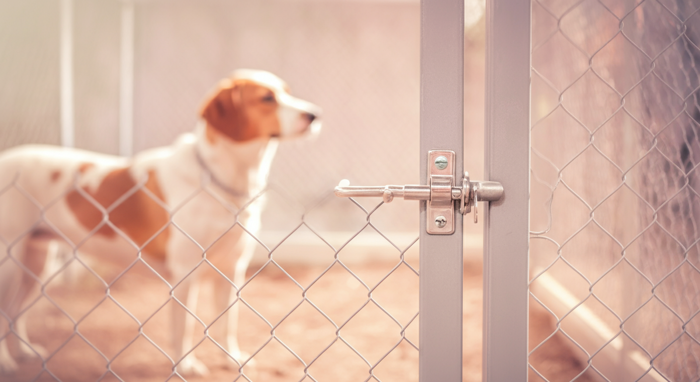 パステルカラーの背景に、ドッグランの頑丈な門の掛け金がクローズアップされている。奥には犬のシルエットがぼんやりと見える。