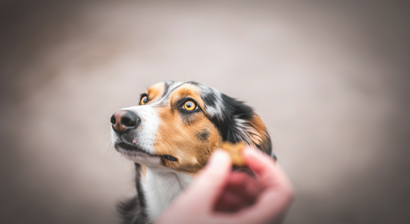 犬が信頼と期待に満ちた表情で飼い主を見上げている様子のクローズアップ。フレームの隅におやつを持つ手がぼんやりと写っている。