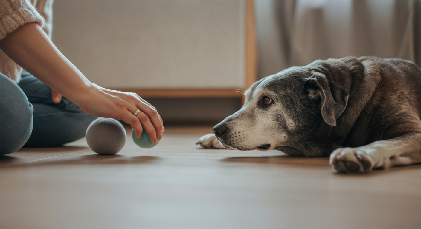 床に座った飼い主が、寝そべっているシニア犬に向かってゆっくりとボールを転がしている