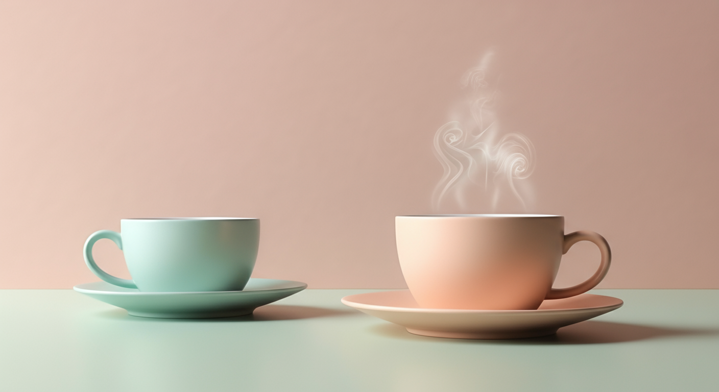 パステルカラーのテーブルに並んだ2つのコーヒーカップ。片方から湯気が立ち上っている。