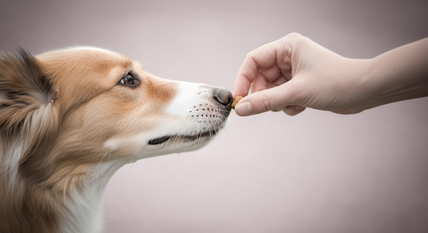 パステルカラーの背景で、飼い主の手が犬の鼻先に優しくおやつを差し出している。信頼とコミュニケーションを象徴する写真。