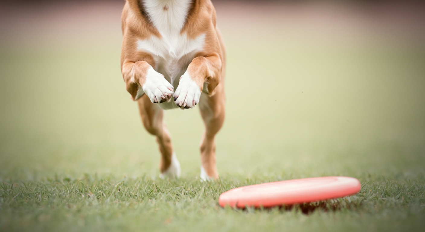 犬が柔らかい芝生の上に優雅に着地した瞬間の足元を捉えたローアングル写真。