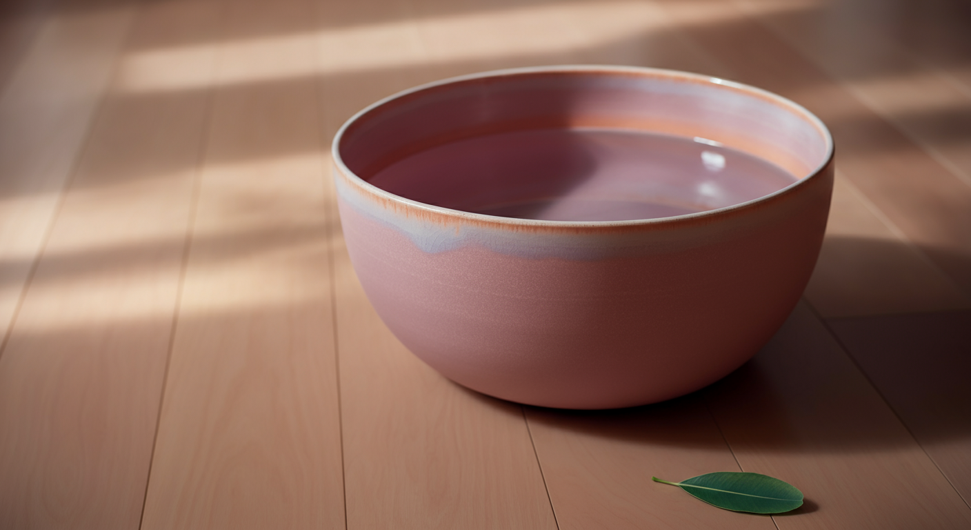 温かみのある木製の床に置かれた、ダスティーローズ色の手作り風陶器製水飲みボウル。横に一枚の葉が落ちている、静かで美しい構図。