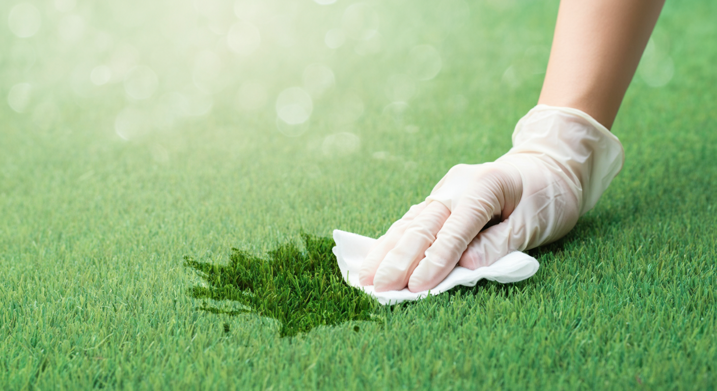 きれいな緑の芝生の上を、ビニール手袋をした手がウェットティッシュで拭いている。責任感とマナーの良さを示す写真。